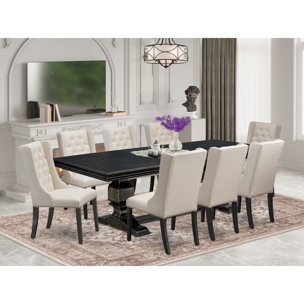 9 piece dining set a dinner table & 8 Linen Fabric dining chairs & black legs. Picture 5