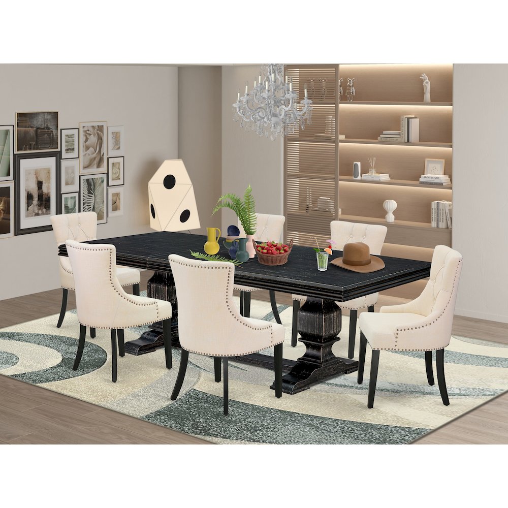 7 piece dining set a dining table and 4 Linen Fabric dining chairs & black legs. Picture 5