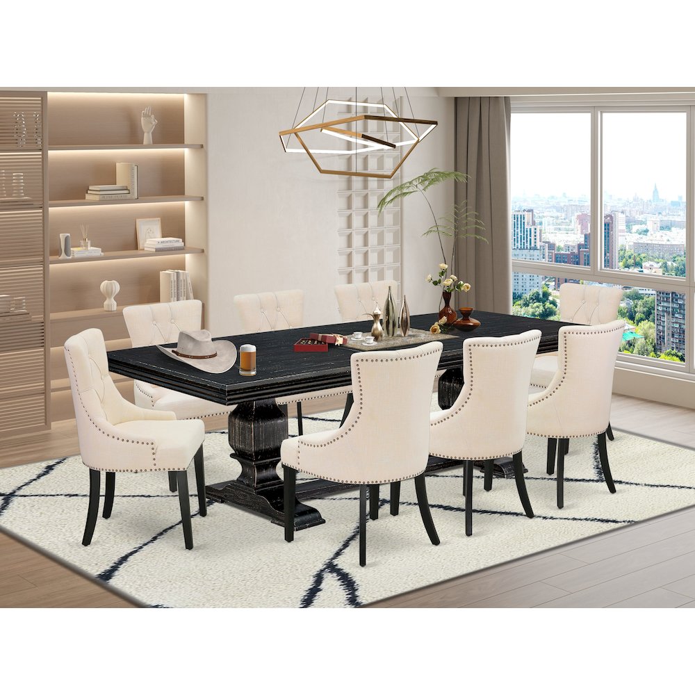 9 piece dining set of a dining table & 8 kitchen chairs & black legs. Picture 5