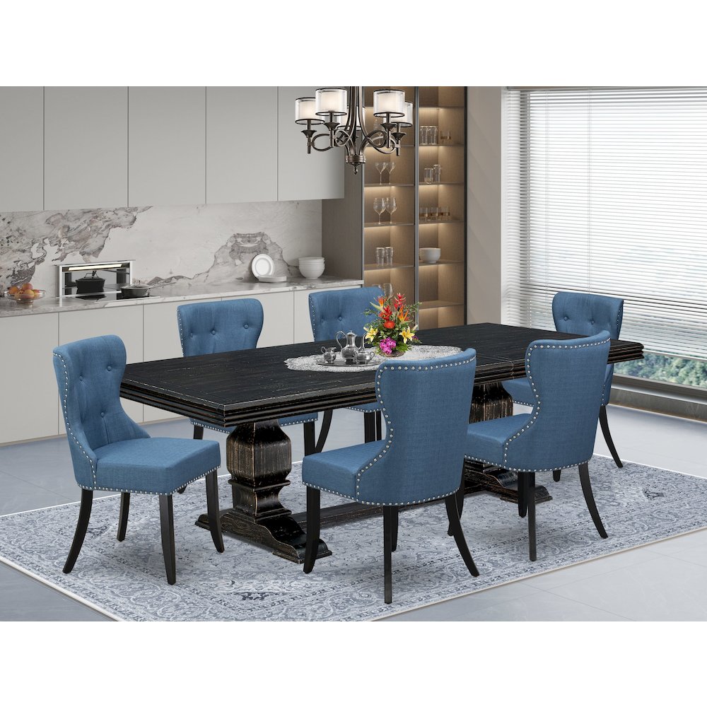 7 piece Dining Table Set of a Dinning Table and 6 Linen Fabric Padded Chairs. Picture 5