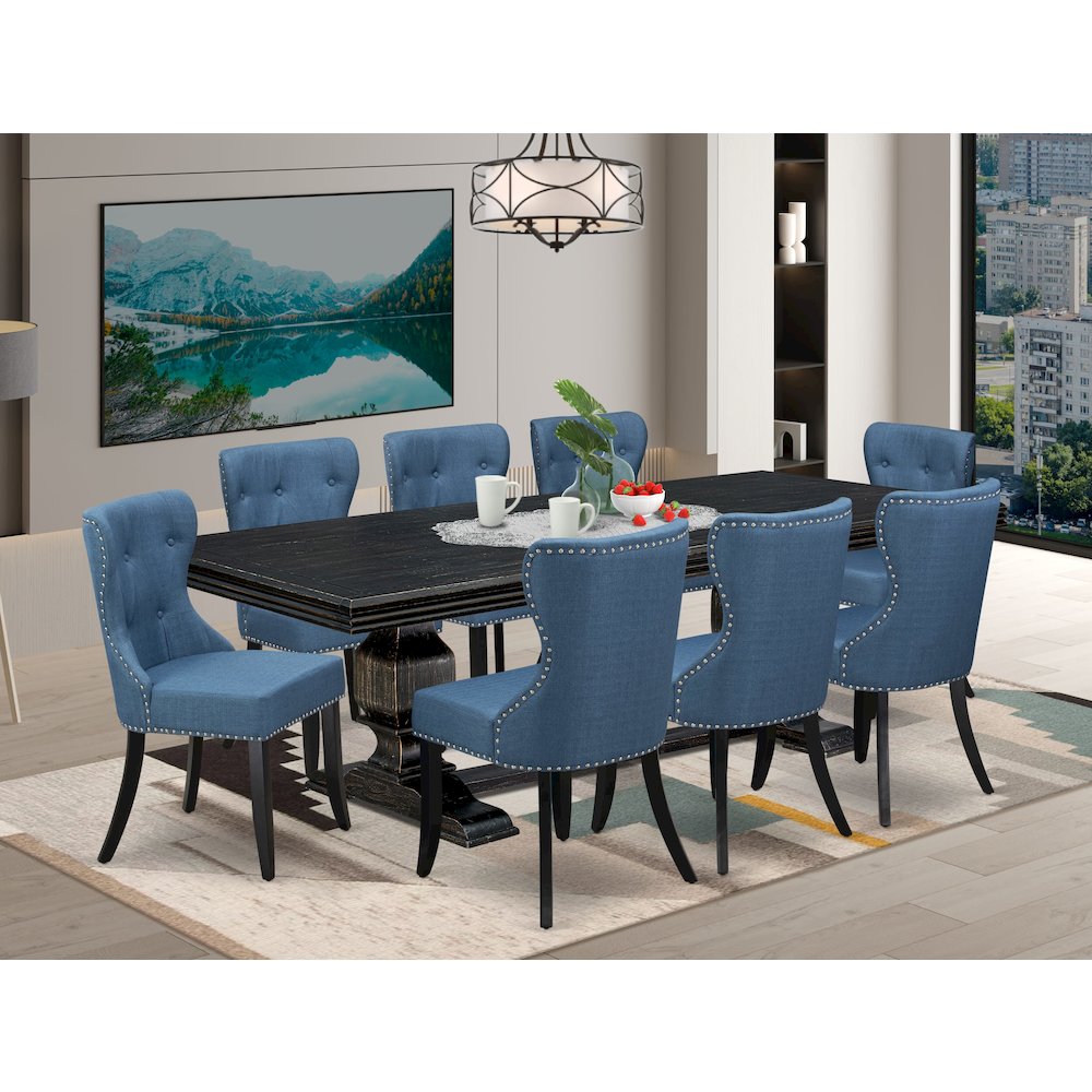 9 piece Kitchen Table Set of a Dinner Table and 8 Upholstered Chairs. Picture 5