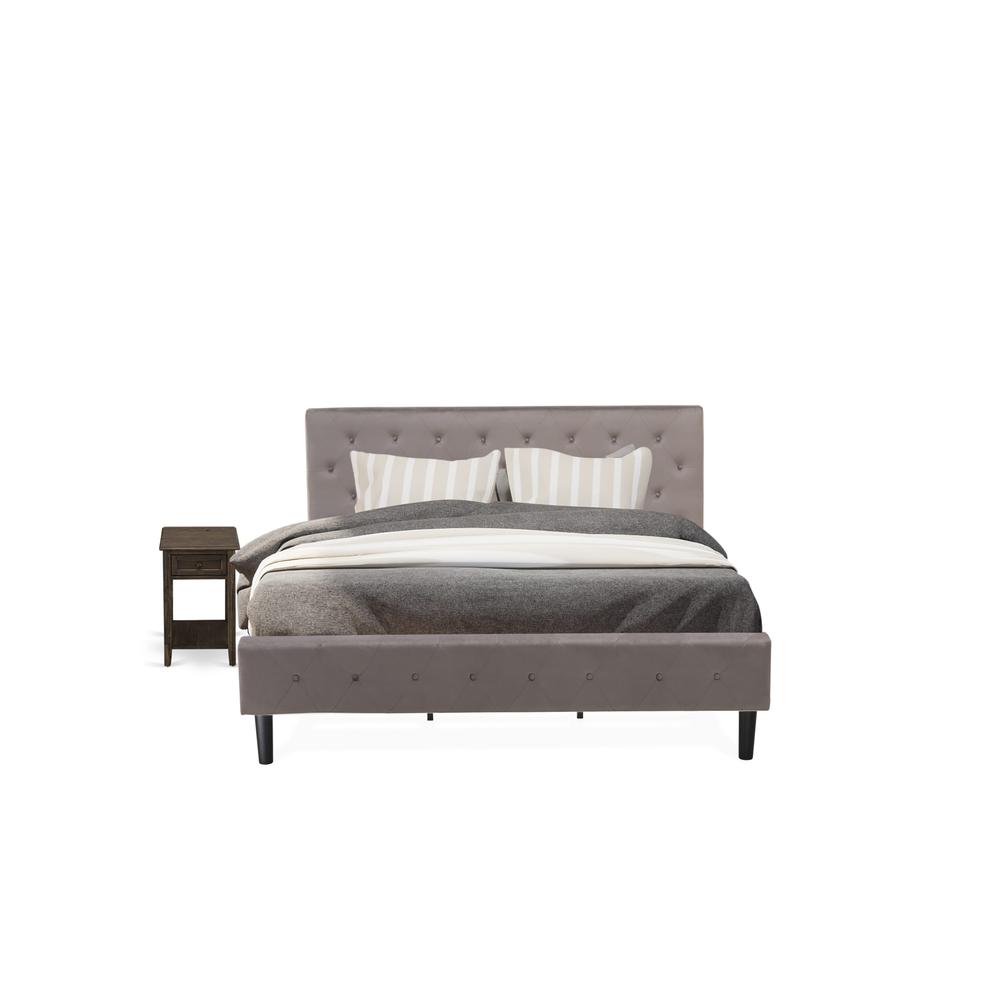 NL14K-1DE07 2 Pc King Bed Set - 1 Bed Brown Taupe Velvet Fabric Headboard and 1 Nightstand - Distressed Jacobean Finish Nightstand. Picture 1