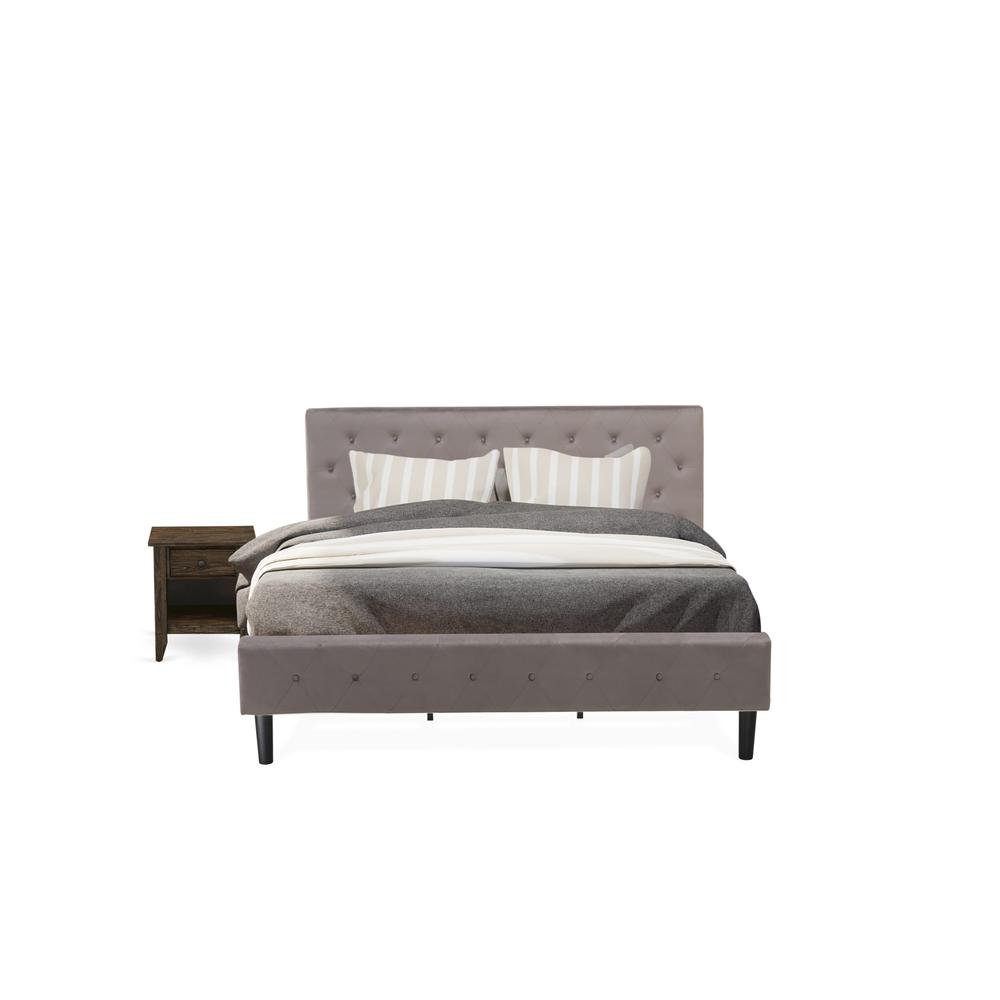 NL14K-1GA07 2 Pc Bed Set - 1 Bed Brown Taupe Velvet Fabric Headboard and 1 Wood Nightstand - Distressed Jacobean Finish Nightstand. Picture 1
