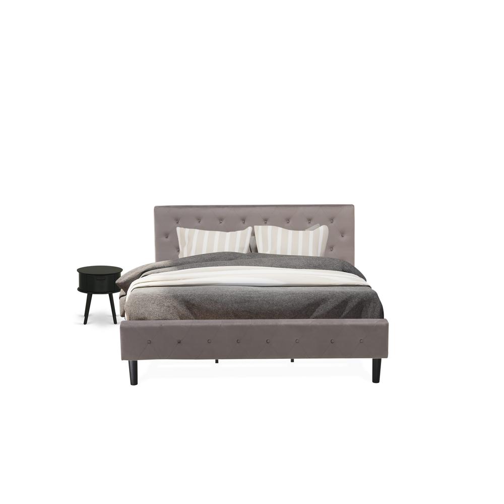 NL14K-1GO11 2 Piece Bed Set - 1 Wooden Bed Brown Taupe Velvet Fabric Headboard and 1 Small Nightstand - Black Finish Nightstand. Picture 1