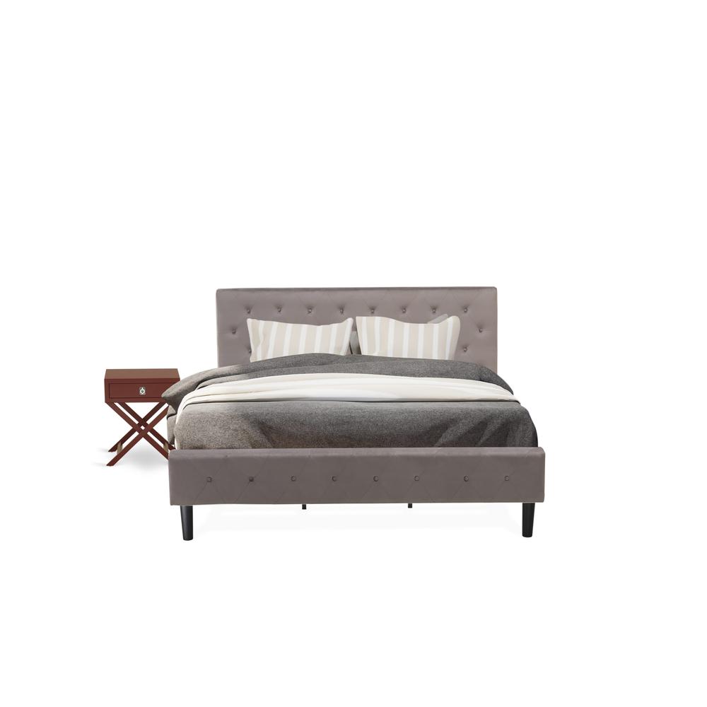NL14K-1HA13 2 Pc King Bed Set - 1 King Bed Brown Taupe Velvet Fabric Headboard and 1 Nightstand - Burgundy Finish Nightstand. Picture 1