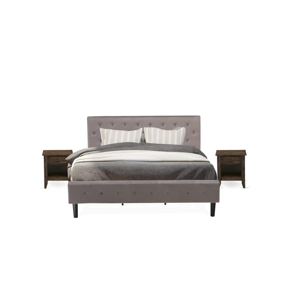 NL14K-2GA07 3 Pc Bedroom Set - 1 Bed Brown Taupe Velvet Fabric Headboard and 2 Nightstands - Distressed Jacobean Finish Nightstand. Picture 1