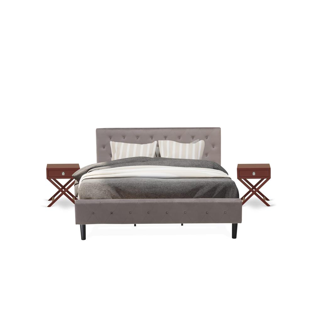 NL14K-2HA13 3 Pc Bedroom Set - 1 King Bed Brown Taupe Velvet Fabric Headboard and 2 Night Stands - Burgundy Finish Nightstand. Picture 1