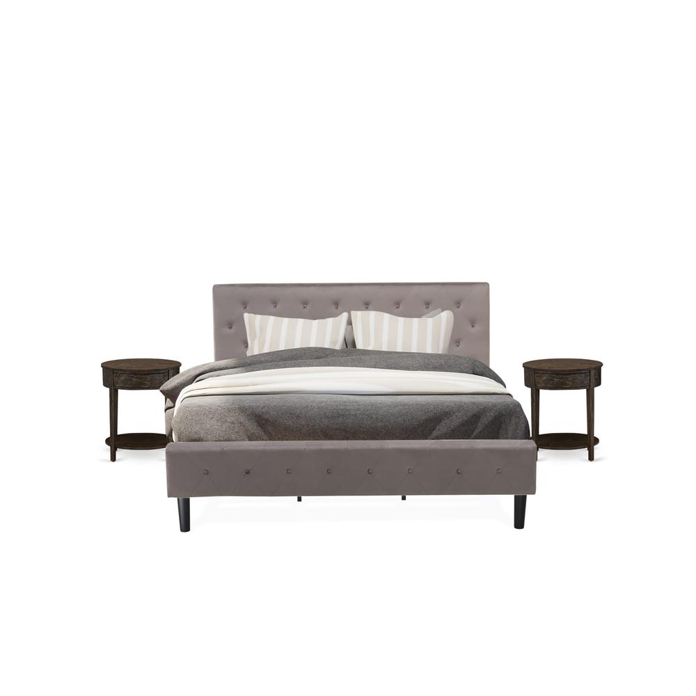 NL14K-2HI07 3 Piece Bed Set - 1 Bed Brown Taupe Velvet Fabric Headboard and 2 Nightstands - Distressed Jacobean Finish Nightstand. Picture 1