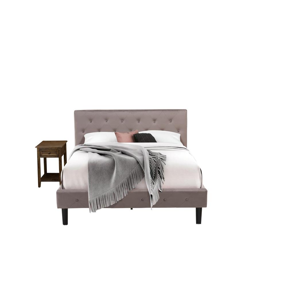 NL14Q-1DE07 2 Pc Bed Set - 1 Bed Brown Taupe Velvet Fabric Headboard and 1 Nightstand - Distressed Jacobean Finish Nightstand. Picture 1
