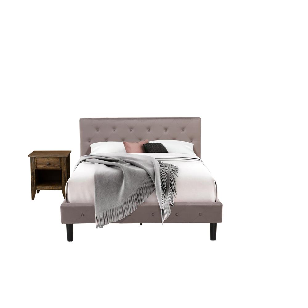 NL14Q-1GA07 2 Pc Bed Set - 1 Bed Brown Taupe Velvet Fabric Headboard and 1 Nightstand - Distressed Jacobean Finish Nightstand. Picture 1