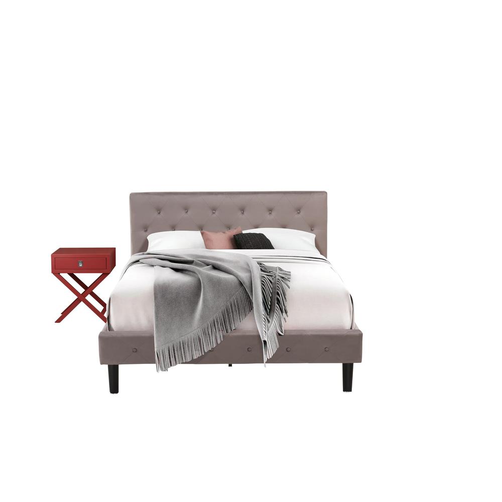 NL14Q-1HA13 2 Piece Queen Bed Set - 1 Bed Brown Taupe Velvet Fabric Headboard and 1 Night Stand - Burgundy Finish Nightstand. Picture 1