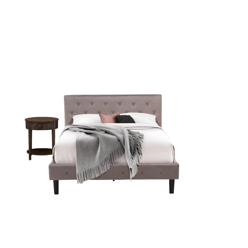 NL14Q-1HI07 2 Piece Bed Set - 1 Bed Brown Taupe Velvet Fabric Headboard and 1 Night Stand - Distressed Jacobean Finish Nightstand. Picture 1