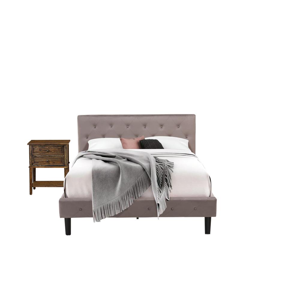 NL14Q-1VL07 2 Pc Bed Set - 1 Bed Brown Taupe Velvet Fabric Headboard and 1 Night Stand - Distressed Jacobean Finish Nightstand. Picture 1