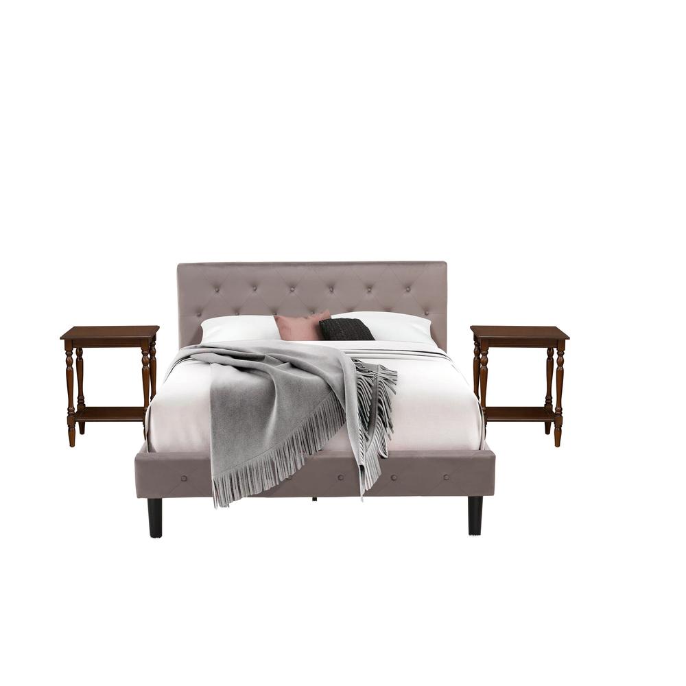 NL14Q-2BF0M 3 Pc Bed Set - 1 Bed Brown Taupe Velvet Fabric Headboard and 2 Wood Nightstand - Antique Mahogany Finish Nightstand. Picture 1