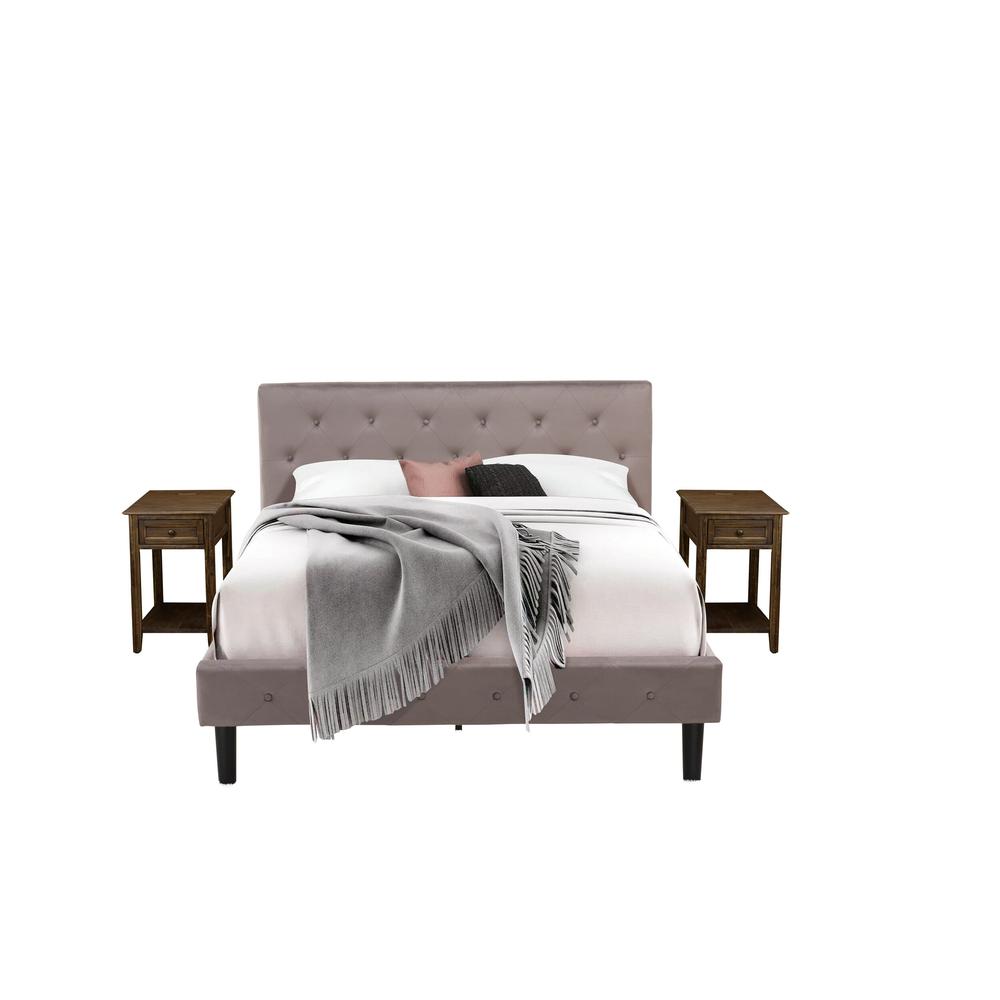NL14Q-2DE07 3 Pc Bed Set - 1 Wood Bed Brown Taupe Velvet Fabric Headboard and 2 Nightstand - Distressed Jacobean Finish Nightstand. Picture 1