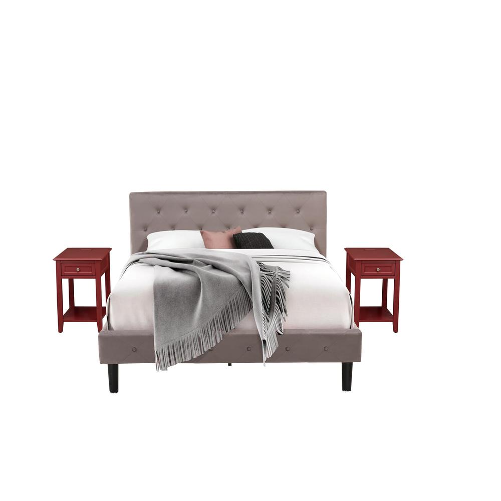 NL14Q-2DE13 3 Pc Queen Bedroom Set - 1 Wood Bed Brown Taupe Velvet Fabric Headboard and 2 nightstands - Burgundy Finish Nightstand. Picture 1