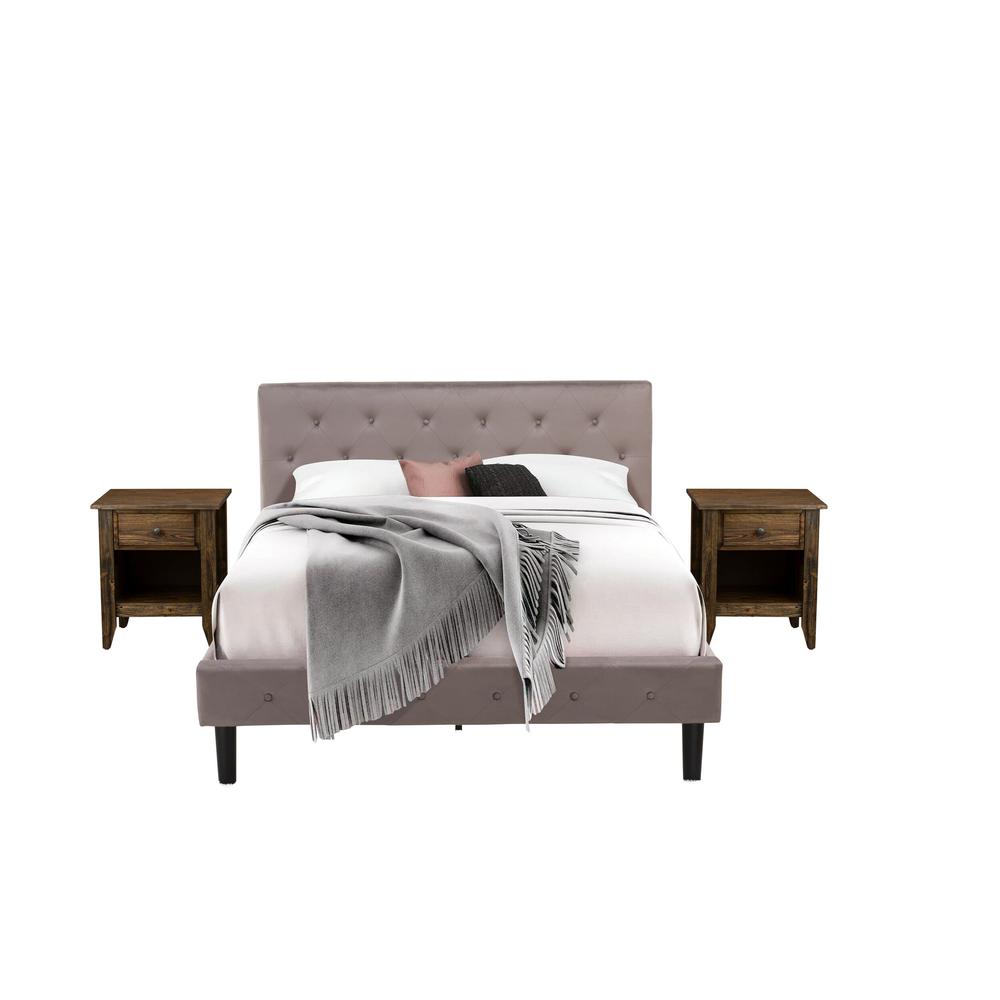 NL14Q-2GA07 3 Piece Bed Set - 1 Bed Brown Taupe Velvet Fabric Headboard and 2 Nightstands - Distressed Jacobean Finish Nightstand. Picture 1