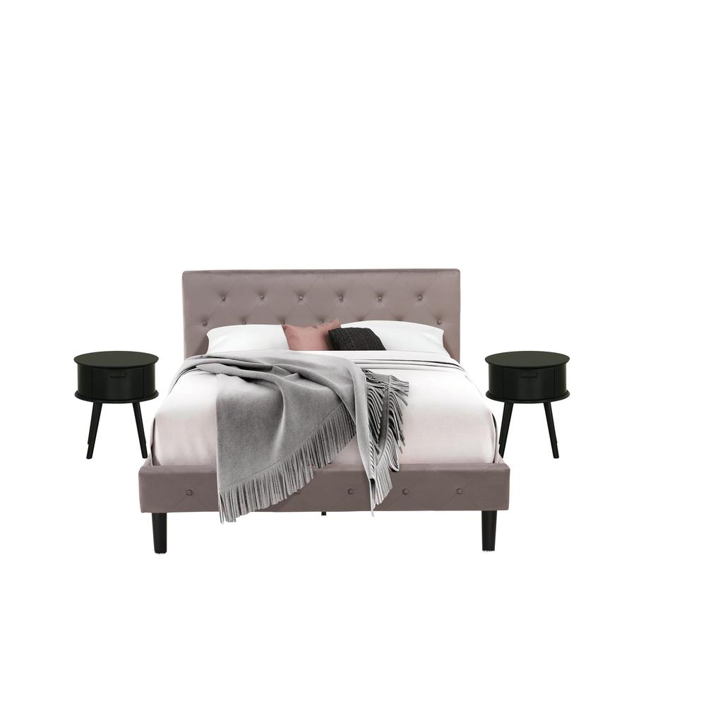 NL14Q-2GO11 3 Piece Bedroom Set - 1 Queen Size Bed Brown Taupe Velvet Fabric Headboard and 2 Nightstand - Black Finish Nightstand. Picture 1