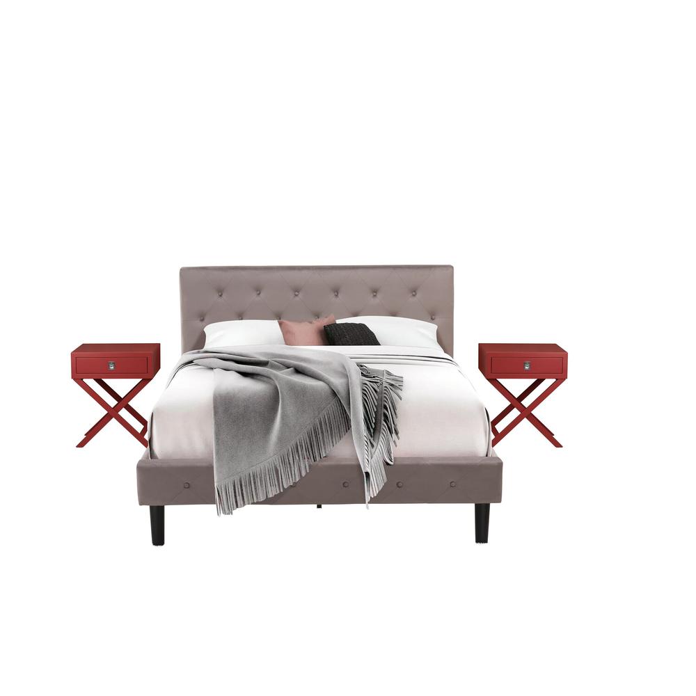 NL14Q-2HA13 3 Pc Bedroom Set - 1 Queen Bed Brown Taupe Velvet Fabric Headboard and 2 Night Stands - Burgundy Finish Nightstand. Picture 1