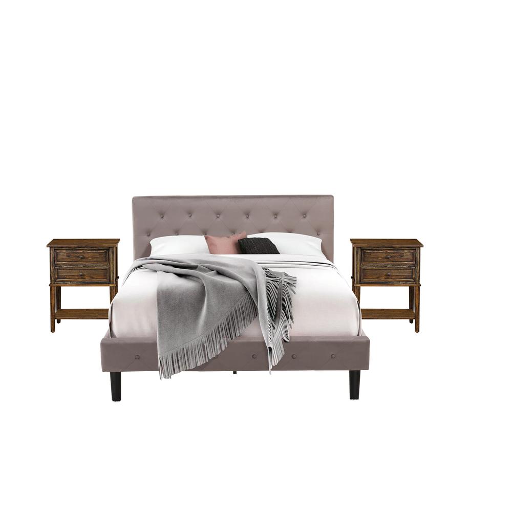 NL14Q-2VL07 3 Pc Bed Set - 1 Bed Brown Taupe Velvet Fabric Headboard and 2 Nightstands - Distressed Jacobean Finish Nightstand. Picture 1