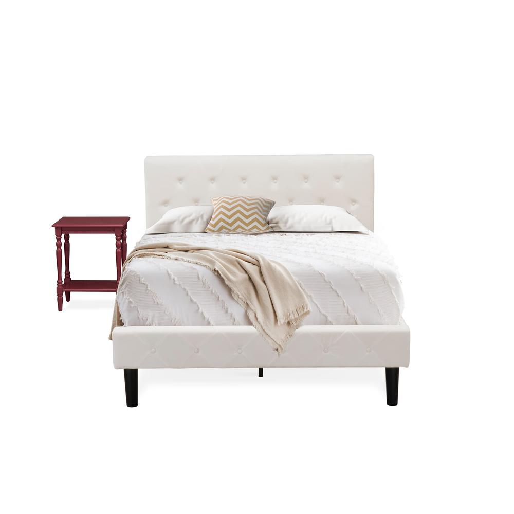 NL19F-1BF13 2 Piece Full Bed Set - 1 Full Bed White Velvet Fabric Headboard and 1 Bedroom Nightstand - Burgundy Finish Nightstand. Picture 1