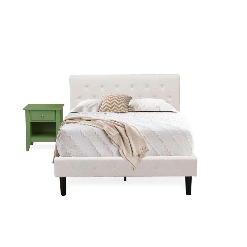 NL19F-1GA12 2 Pc Full Bed Set - 1 Full Bed White Velvet Fabric Headboard and 1 Bedroom Nightstand - Clover Green Finish Nightstand. Picture 1