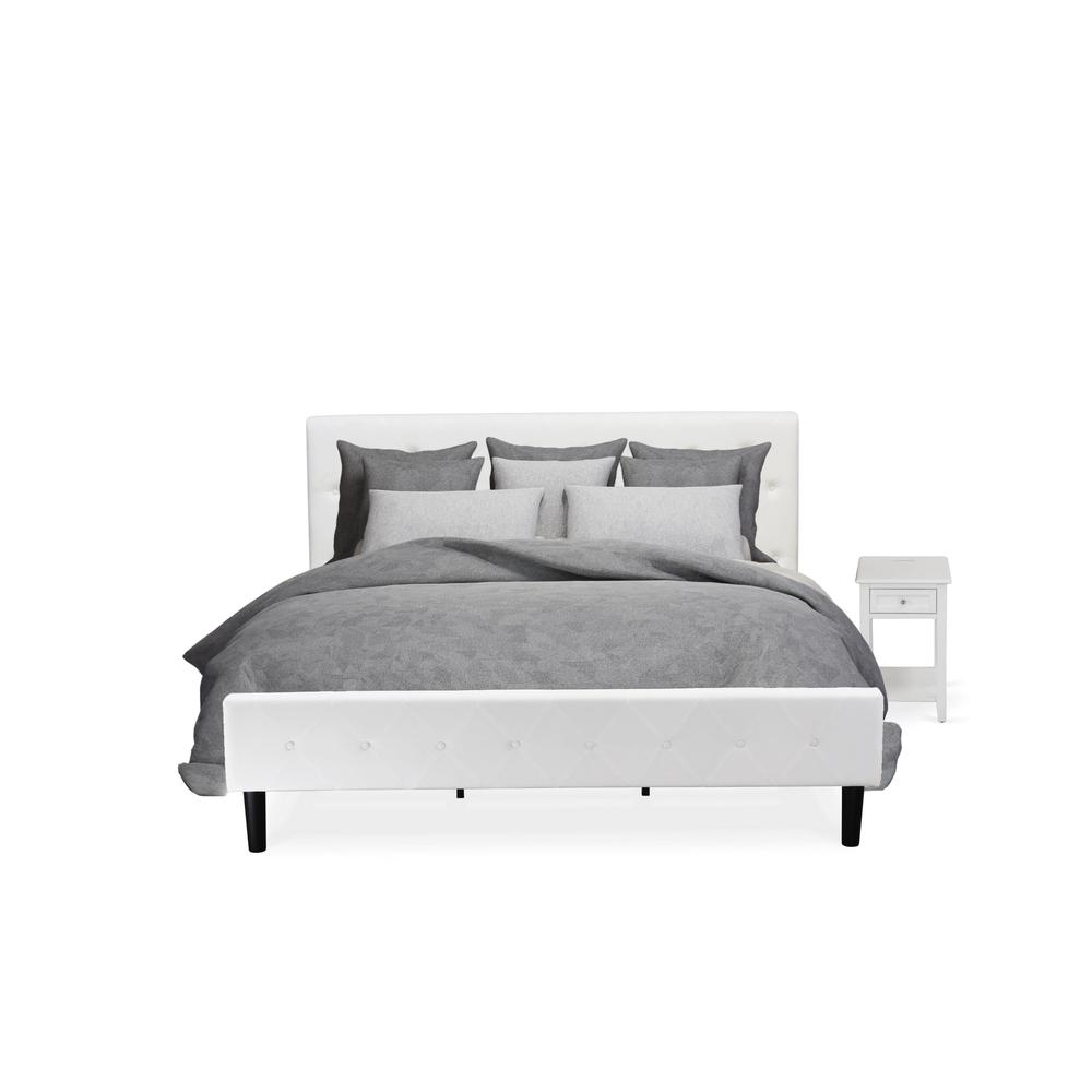 NL19K-1DE05 2 Pc King Bed Set - 1 Platform Bed White Velvet Fabric Headboard and 1 Small Nightstand - White Finish Nightstand. Picture 1