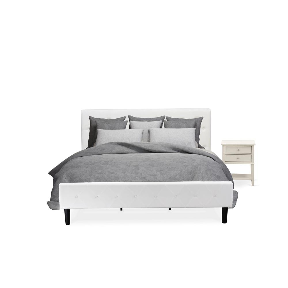 NL19K-1VL0C 2 Pc Bed Set - 1 Bed White Velvet Fabric Headboard and 1 Night Stand - Wire Brushed Butter Cream Finish Nightstand. Picture 1