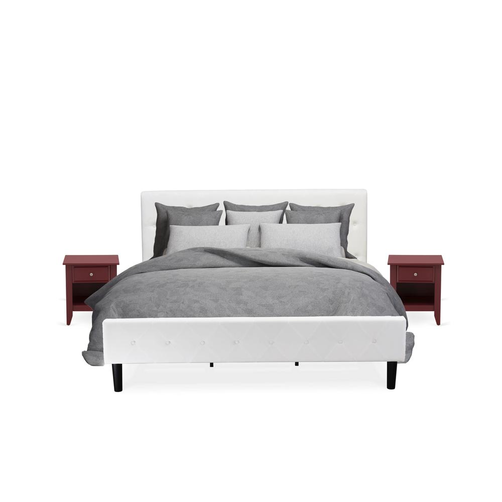 NL19K-2GA13 3 Piece Bed Set - 1 Platform Bed White Velvet Fabric Headboard and 2 Night Stand - Burgundy Finish Nightstand. Picture 1