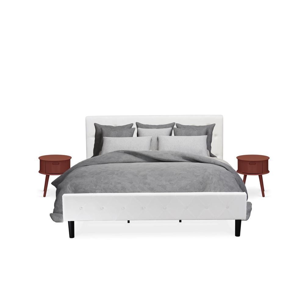 NL19K-2GO13 3 Pc King Bed Set - 1 Platform Bed White Velvet Fabric Headboard and 2 Bedroom Nightstand - Burgundy Finish Nightstand. Picture 1
