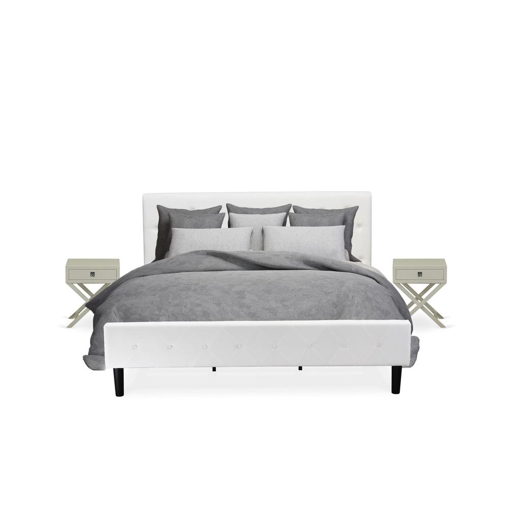 NL19K-2HA14 3 Piece Bedroom Set - 1 Bed Frame White Velvet Fabric Headboard and 2 Small Nightstands - Urban Gray Finish Nightstand. Picture 1