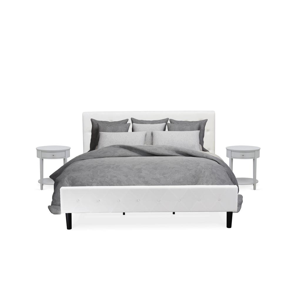 NL19K-2HI14 3 Pc King Bed Set - 1 King Bed White Velvet Fabric Headboard and 2 Wooden Night Stands - Urban Gray Finish Nightstand. Picture 1