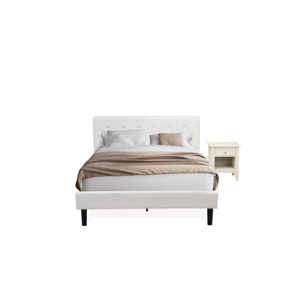 NL19Q-1GA0C 2 Pc Bed Set - 1 Wood Bed White Velvet Fabric Headboard and 1 Nightstand - Wire Brushed Butter Cream Finish Nightstand. Picture 1