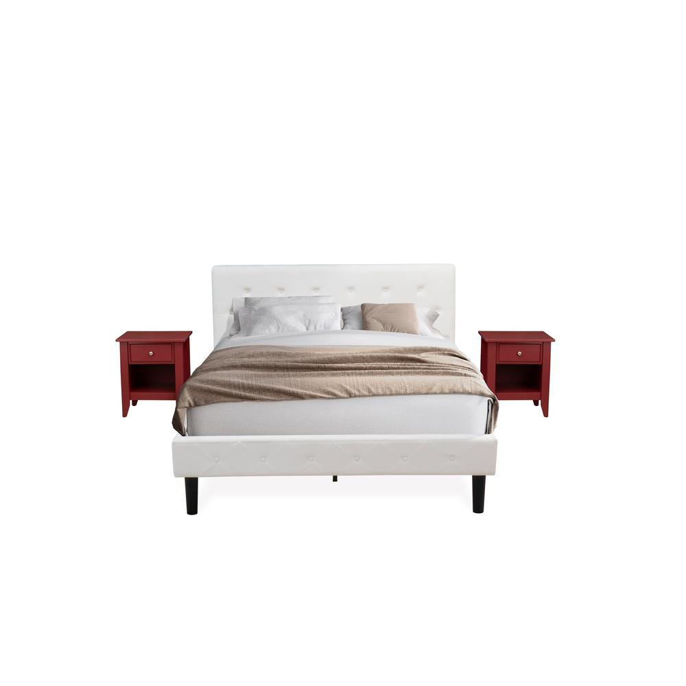 NL19Q-2GA13 3 Pc Queen Bed Set - 1 Wooden Bed White Velvet Fabric Headboard and 2 Wood Nightstand - Burgundy Finish Nightstand. Picture 1