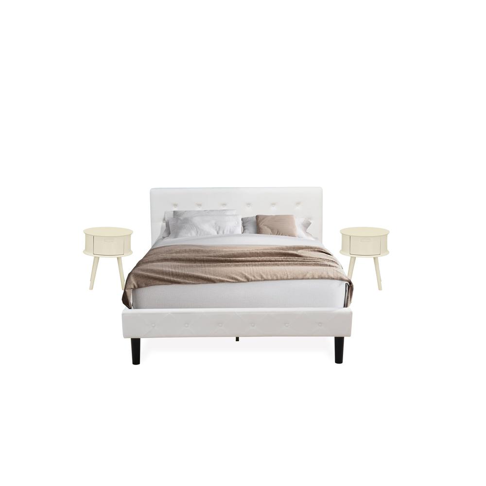 NL19Q-2GO05 3 Pc Queen Bed Set - 1 Queen Bed Frame White Velvet Fabric Headboard and 2 Wood Night Stand - White Finish Nightstand. Picture 1