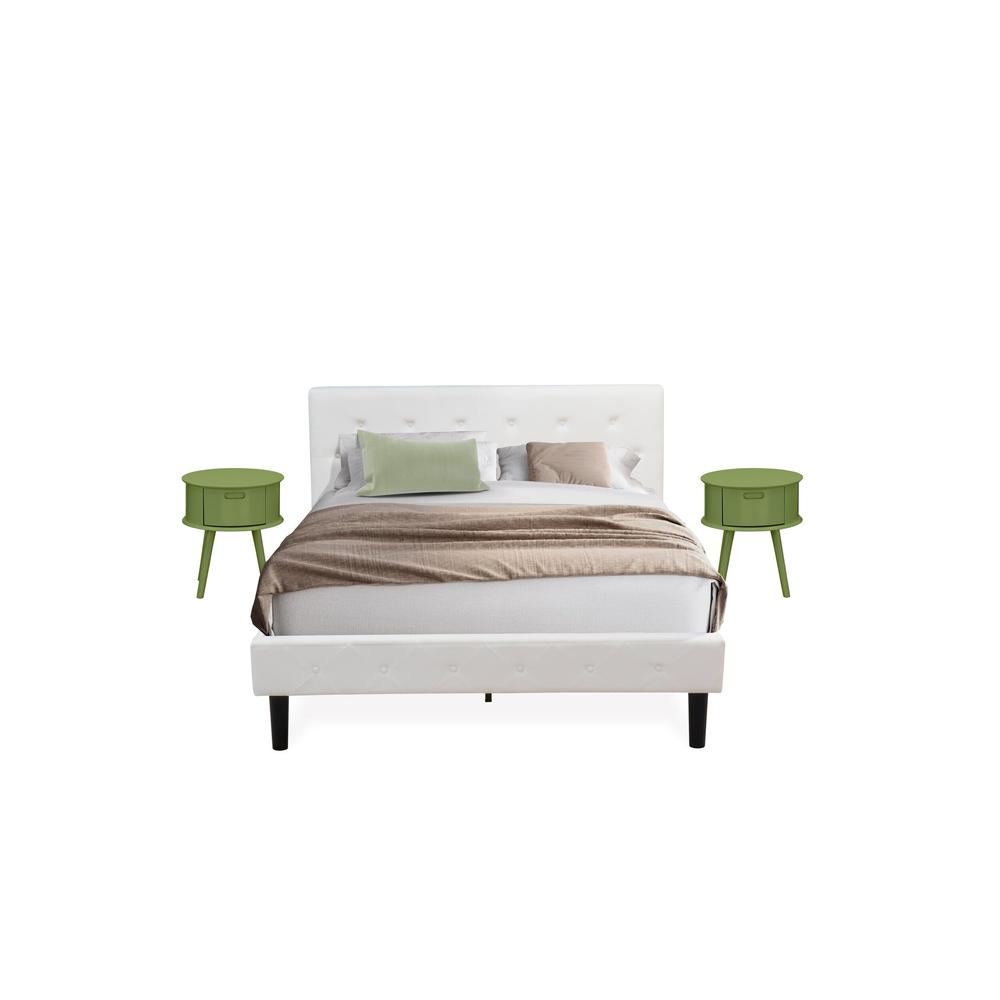 NL19Q-2GO12 3 Piece Bed Set - 1 Wood Bed Frame White Velvet Fabric Headboard and 2 Night Stand - Clover Green Finish Nightstand. Picture 1