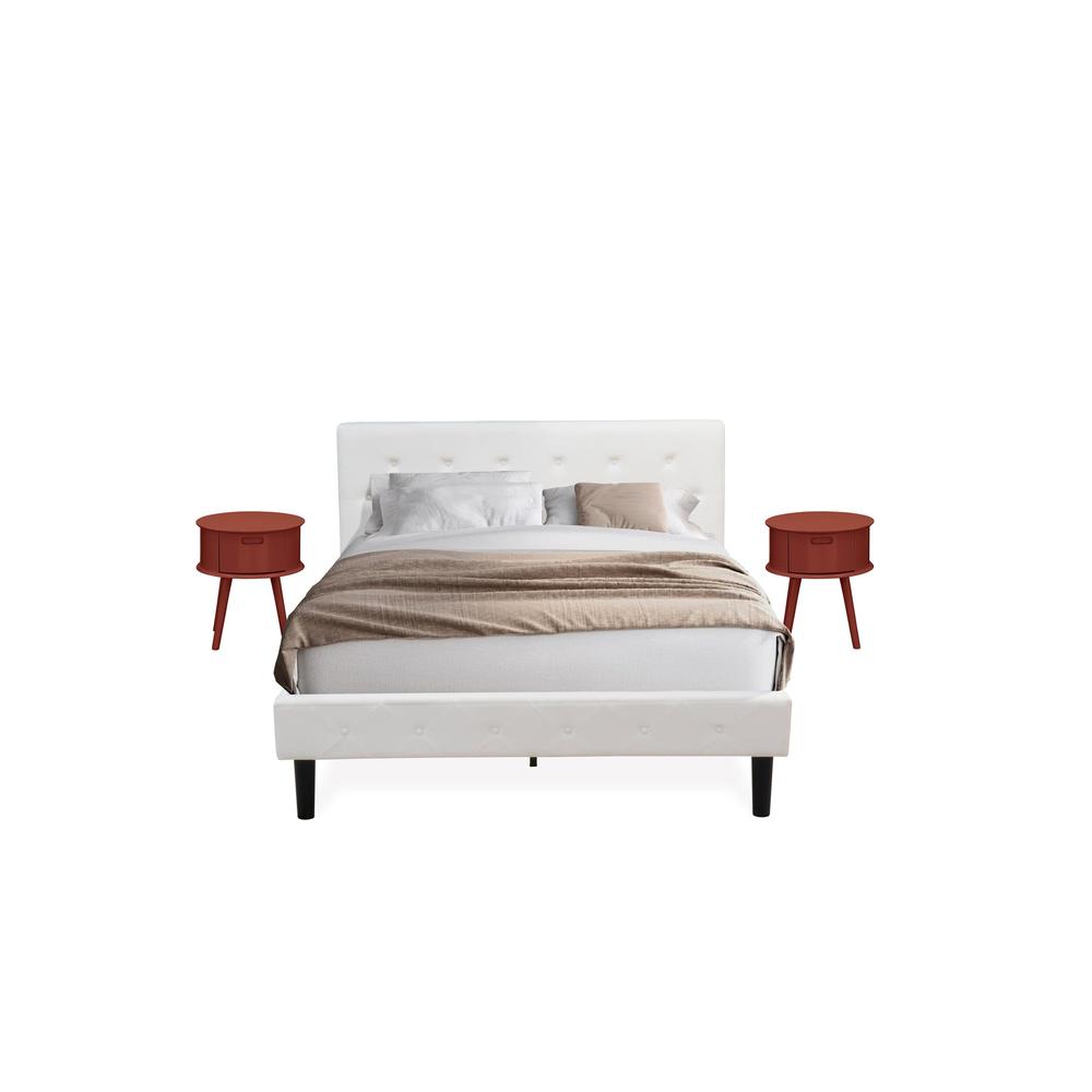 NL19Q-2GO13 3 Piece Bed Set - 1 Bed White Velvet Fabric Headboard and 2 Night Stands for Bedrooms - Burgundy Finish Nightstand. Picture 1