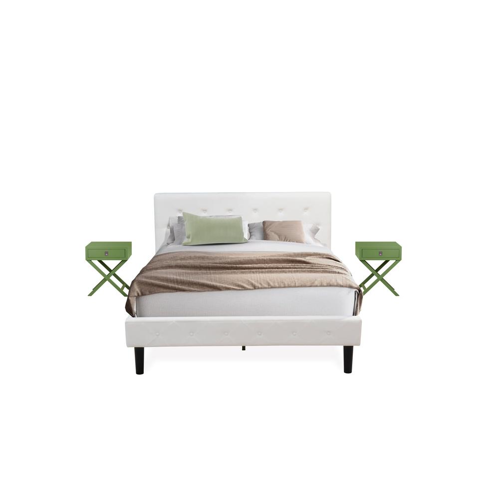 NL19Q-2HA12 3 Piece Bed Set - 1 Queen Bed White Velvet Fabric Headboard and 2 Nightstand - Clover Green Finish Nightstand. Picture 1
