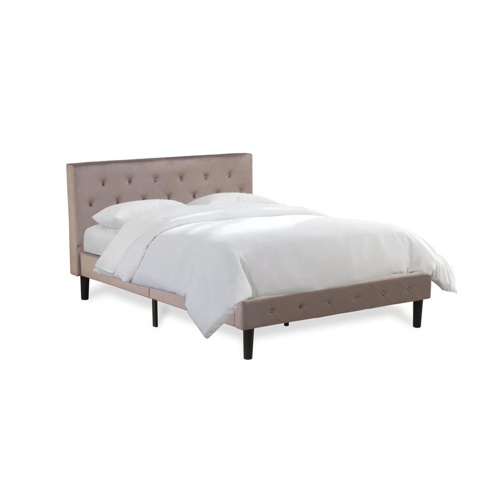 NLF-14-F Nolan Platform Bed - Button Tufted Brown Taupe Velvet Fabric Padded Headboard & Footboard, Black Legs, Full Size. Picture 1