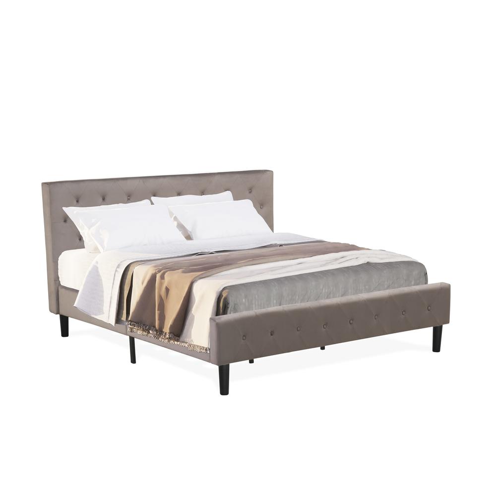 NLF-14-K Nolan Platform Bed Frame-Button Tufted Brown Taupe Velvet Fabric Upholstered Headboard & Footboard, Black Legs, King Size. Picture 1