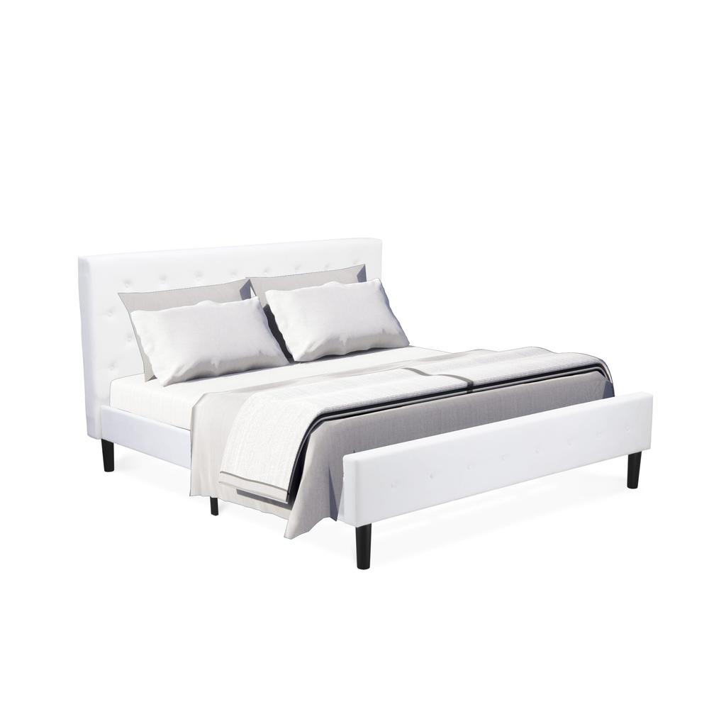 NLF-19-K Nolan Platform Bed - Button Tufted White Velvet Fabric Upholstered Headboard & Footboard, Black Legs, King Size. Picture 1