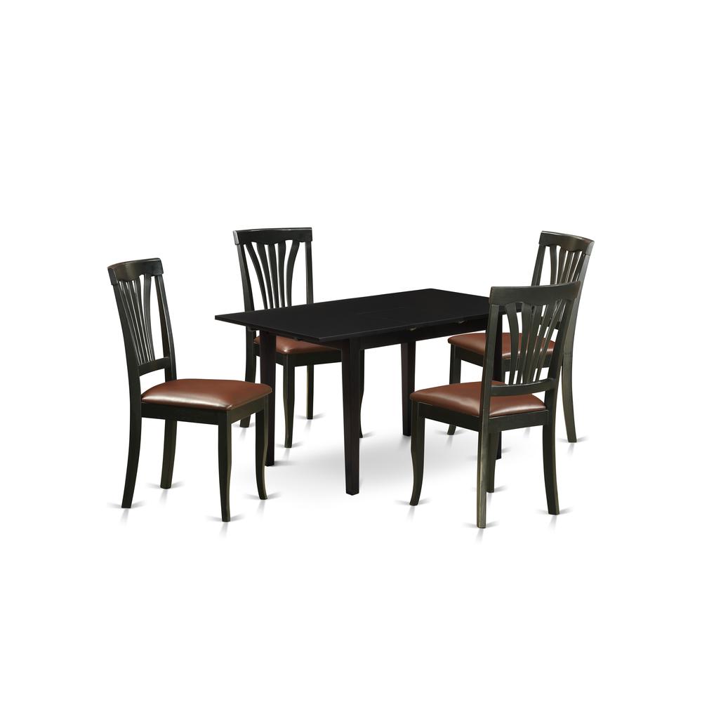 East West Furniture NOAV5-BLK-LC 5-Pc Dining Room Table Set 4 Wooden Dining Chairs with Slatted Back and a Faux Leather Seat and Mid Century Butterfly Leaf Dining Table with Rectangular Top and 4 Legs. Picture 1