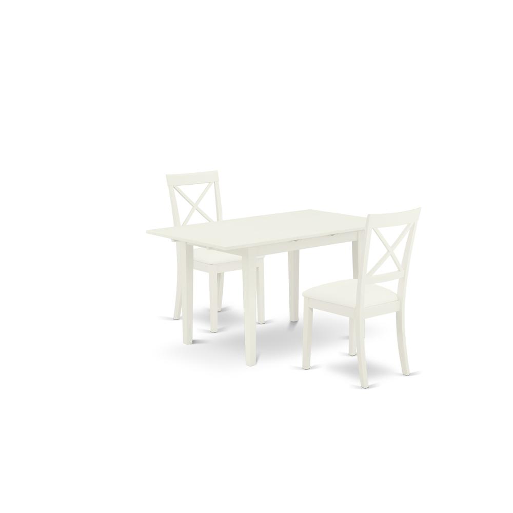 East West Furniture NOBO3-WHI-LC 3-Piece Kitchen Set 2 Dining Room Chairs with X-Back and a Faux Leather Seat and Butterfly Leaf Dining Table with Rectangular Top and 4 Legs- Linen White Finish. Picture 1