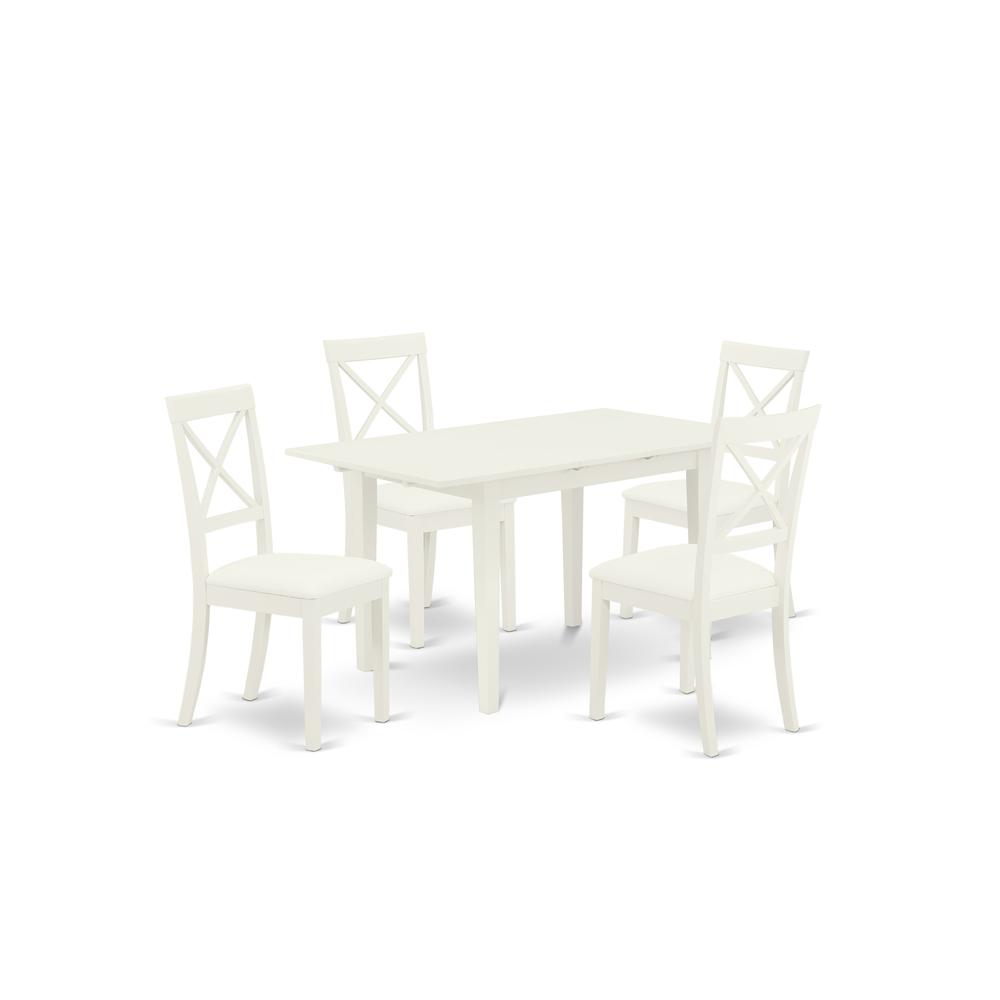East West Furniture NOBO5-WHI-LC 5-Pc Rectangular Dinette Set 4 Dining Chairs with X-Back and a Faux Leather Seat and Butterfly Leaf Dining Room Table with Rectangular Top and 4 Legs- Linen White Fini. Picture 1