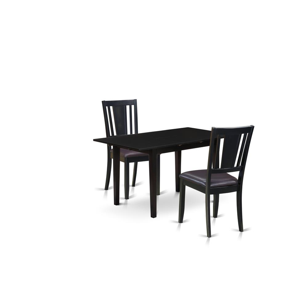 East West Furniture NODU3-BLK-LC 3-Pc Rectangular Dining Table Set 2 Wooden Dining Chairs with Panel Back and A Faux Leather Seat and Small Butterfly Leaf Rectangular Dining Table with Rectangular Top. Picture 1