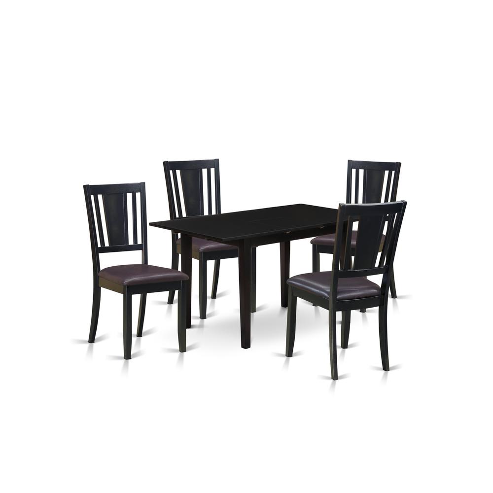 East West Furniture NODU5-BLK-LC 5-Pc Rectangular Dining Table Set 4 Dining Chairs with Panel Back and a Faux Leather Seat and Butterfly Leaf Dining Table with Rectangular Top and 4 Legs- Black Finish. Picture 1