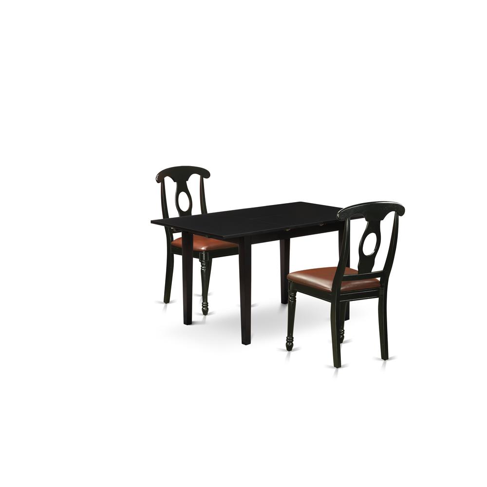 East West Furniture NOKE3-BLK-LC 3-Pc Dining Room Set 2 Dining Room Chair with Napoleon Back and a Faux Leather Seat and Wooden Dining Table with Butterfly Leaf Rectangular Top and 4 Legs- Black Finis. Picture 1
