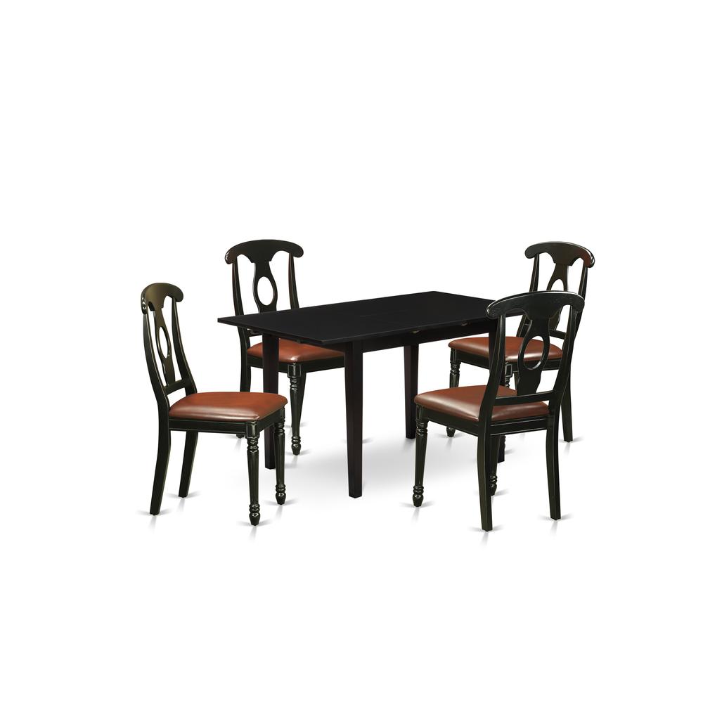 East West Furniture NOKE5-BLK-LC 5-Pc Dining Room Set 4 Dining Room Chairs with Napoleon Back and a Faux Leather Seat and Wooden Dining Table with Butterfly Leaf Rectangular Top and 4 Legs- Black Fini. Picture 1