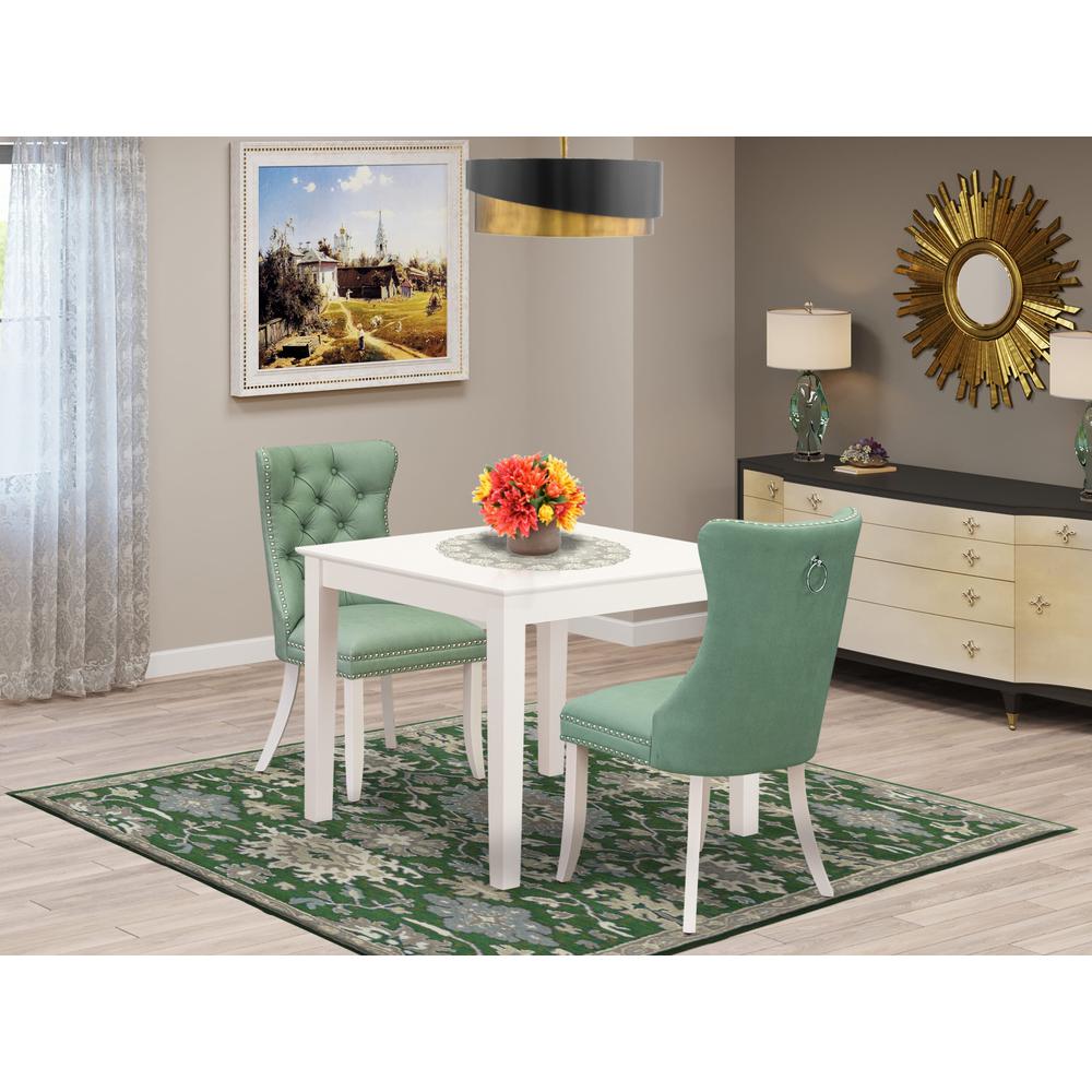 East West Furniture Oxford 3 Piece Room Set Contains a Square Kitchen Dining Table and 2 Upholstered Parson Chairs, 36x36 Inch, Linen White. Picture 6