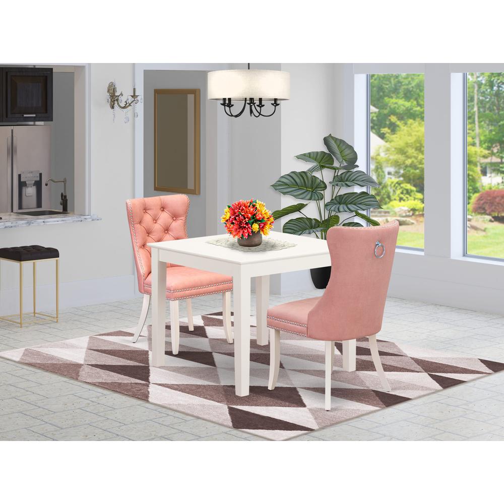 East West Furniture Oxford 3 Piece Dining Room Set Includes a Square Kitchen Table and 2 Upholstered Parson Chairs, 36x36 Inch, Linen White. Picture 6